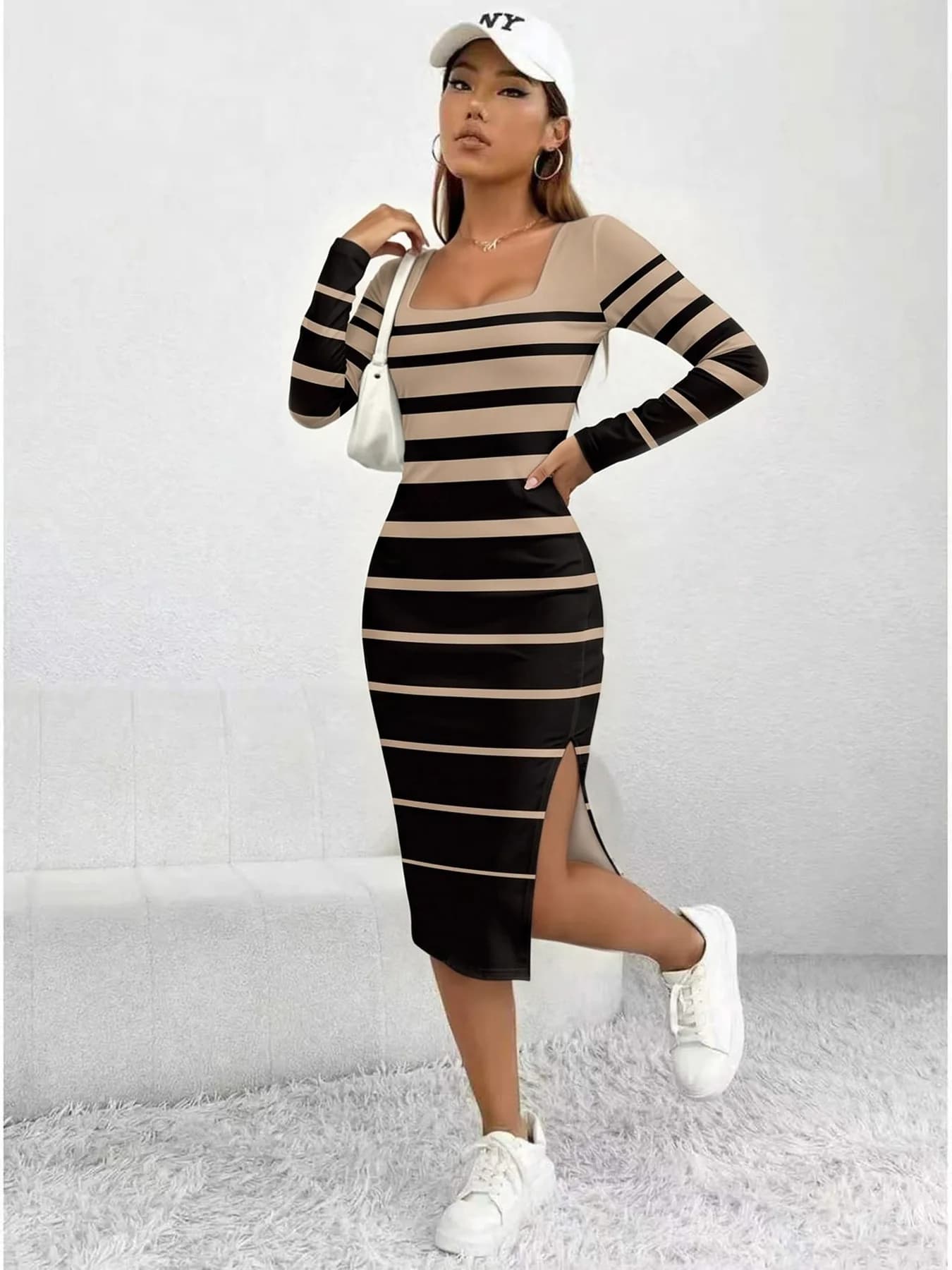 Women's Striped Maxi Dress with Square Neck