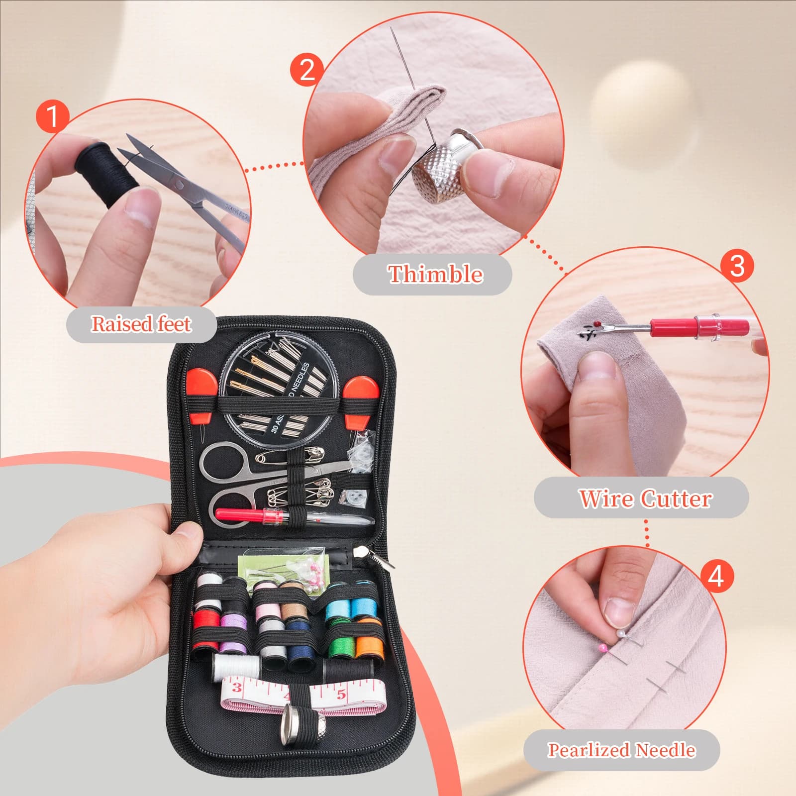 The sewing kit contains 68 accessories and is a portable travel sewing set suitable for beginners, adults, and families, includi