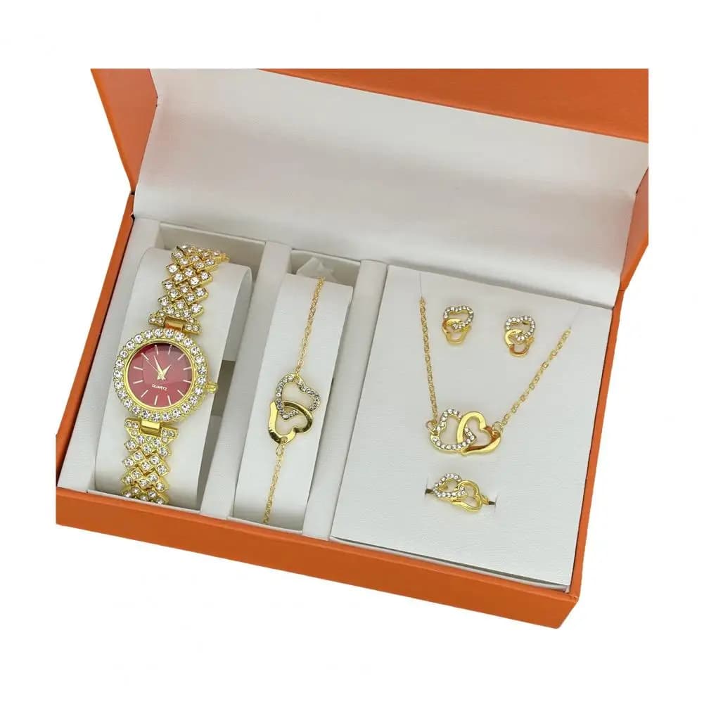1 Set Women Jewelry Set with Gift Box Complete Collection of Quartz Watch Necklace Bracelet Ring Earring Set Golden Jewelry Gift