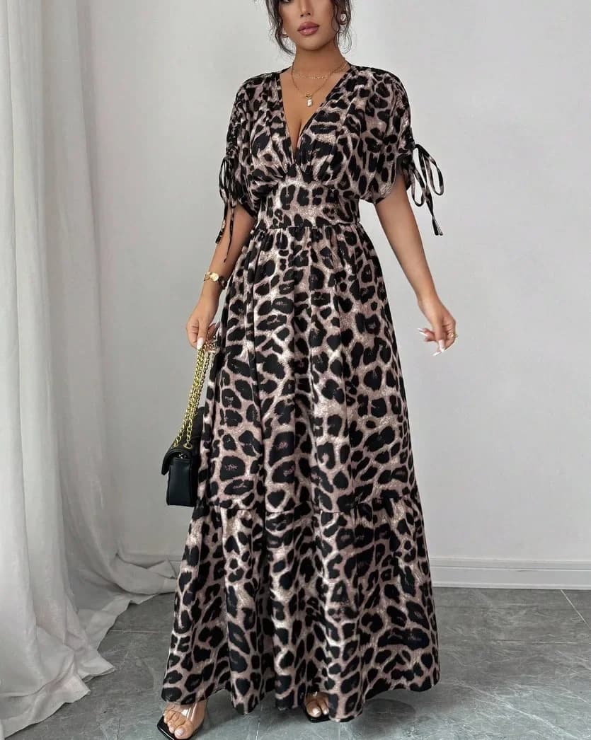 Leopard Print Maxi Dress with Drawstring Waist