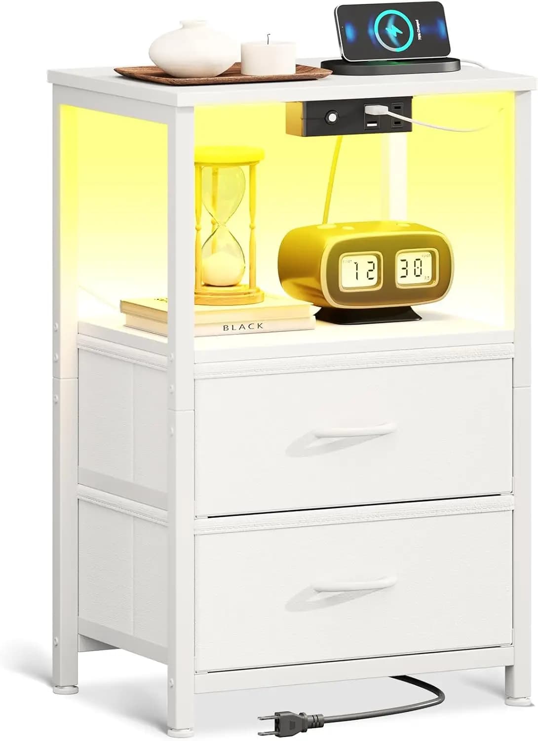 Night Stand with Charging Station and LED Lights End Table for Bedroom with 2 Fabric Drawers Storage Shelf Bedside Table Black