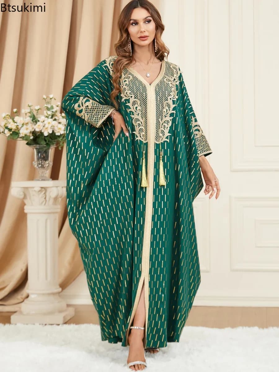 Muslim Dresses Women Elegant Long Robe Middle East Dubai Loose Abaya Bat Sleeve V-neck Tassel Evening Dress Femme Party Vestidos