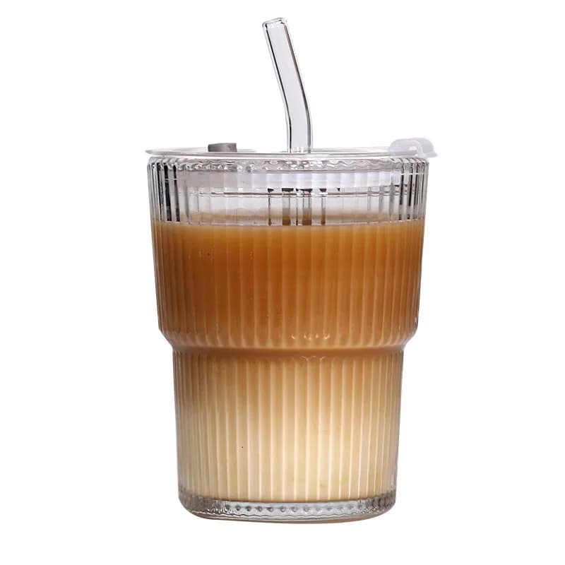 Striped Glass Coffee Cup with Lid and Straw