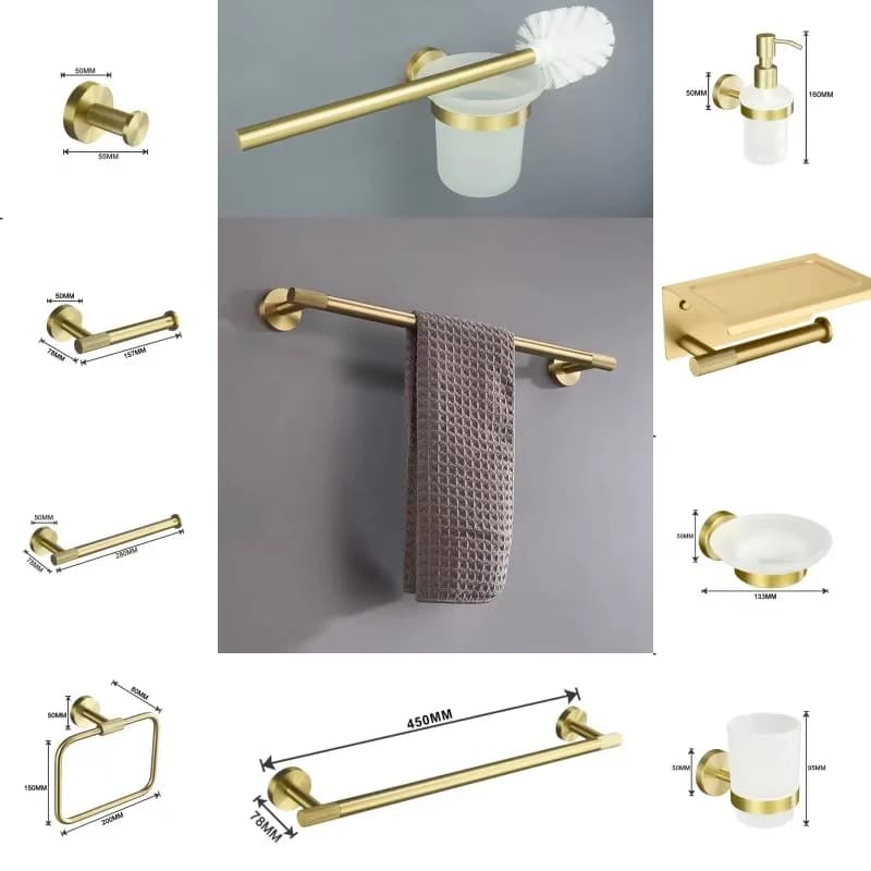 Bathroom Hardware Accessories Set Brushed Gold Knurled Brass Kit Towel Bar Ring Robe Hook Paper Holder Towel Ring Toilet Brush