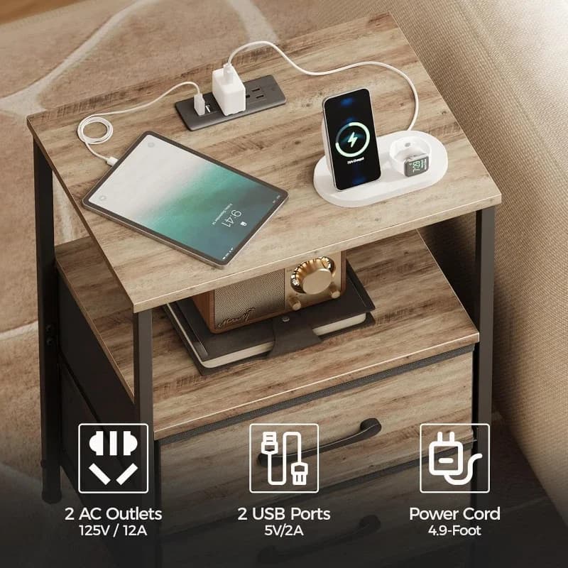 Nightstands Set Charging Station Cool Lights Bedside Table Fabric Drawers Bedroom Small Side End Table With Open Shelf Greige