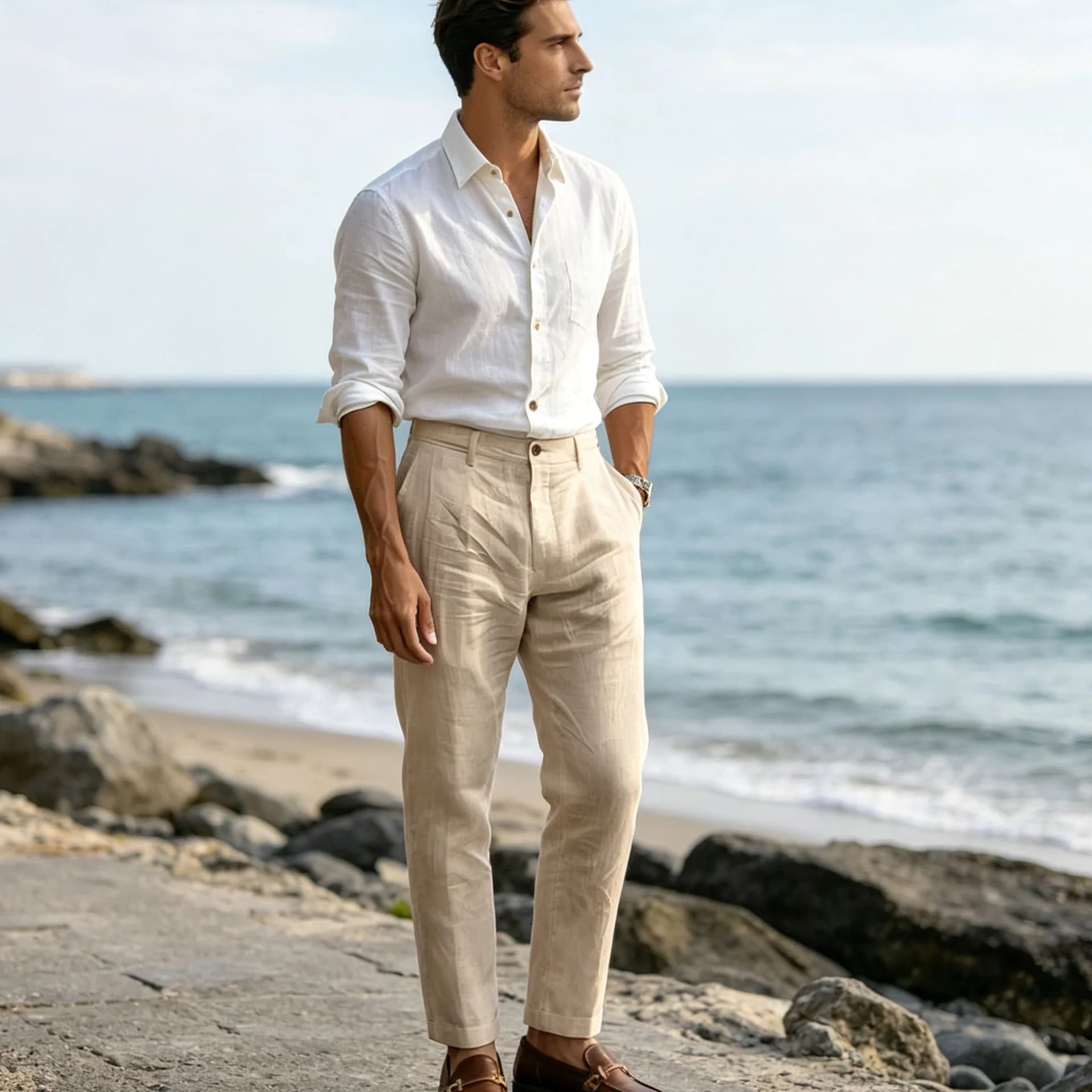 Men's Khaki Linen Blend High Waist Tapered Ankle Pants