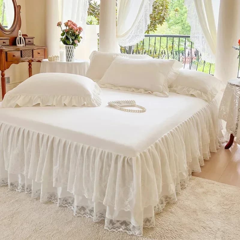 Three Layer Gauze Lace Bed Cover with Ruffled Edge