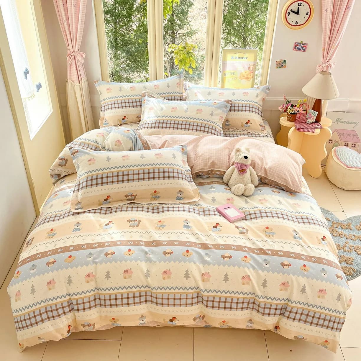 Cartoon Print 100% Cotton Bedding Sets Queen King Floral Duvet Cover Set with Flat Sheets and Pillowcase Single Double Bed Set