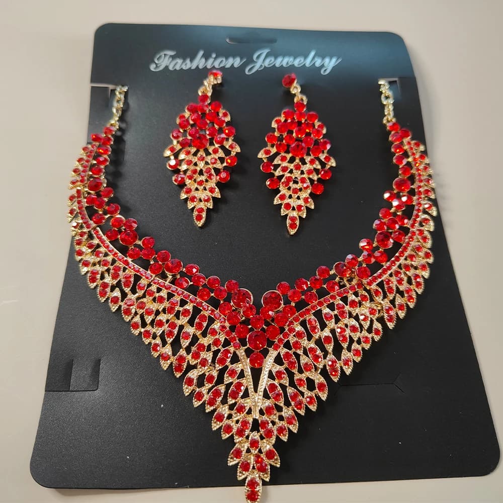 Red Crystal Statement Earrings and Rhinestone Choker Set