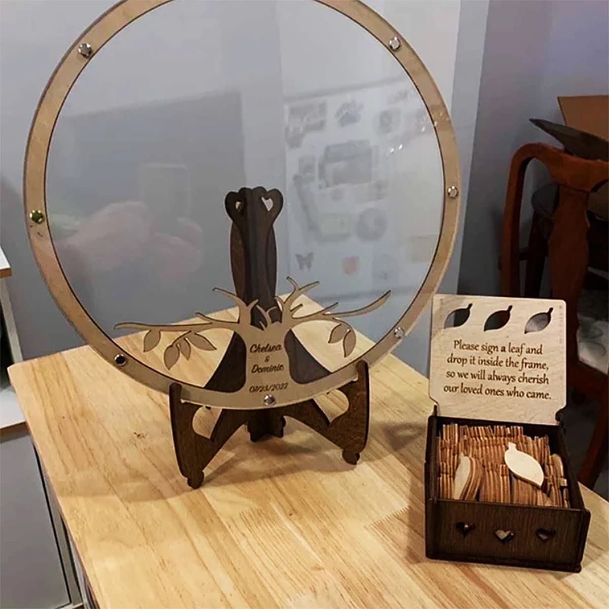 Wooden Round Guest Book Drop Box with Leaves