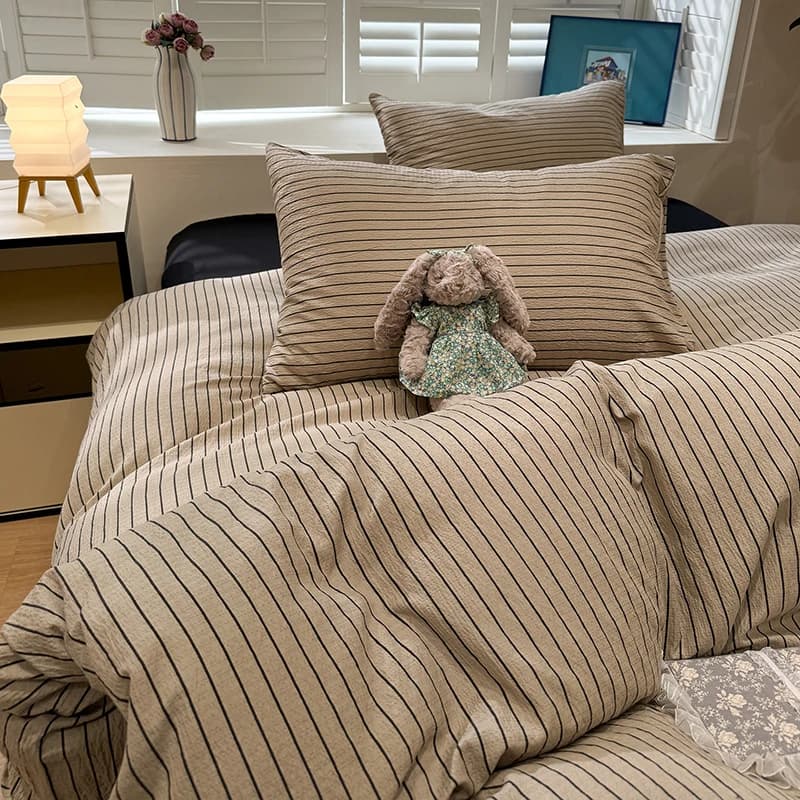 4Pcs Geometric Bedding Set for Four Seasons Soft Stripe Printing Skin-Friendly Bed Sets Single Fitted Sheet Kit with Quilt Cover