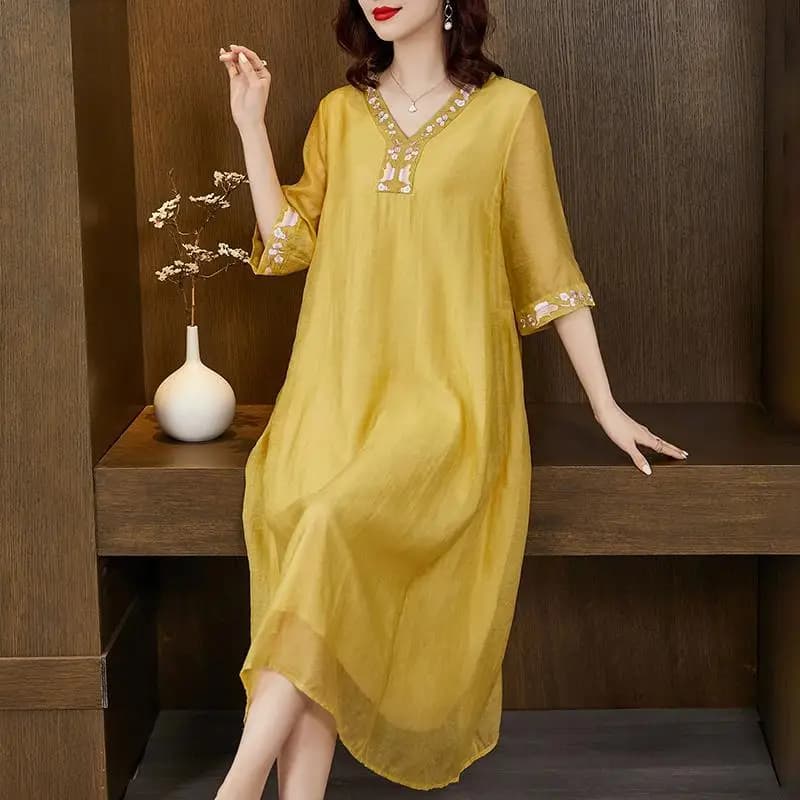 Embroidered Half Sleeve Midi Dress