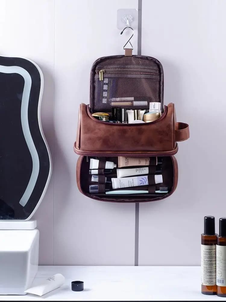 Toiletry Bag, Mens Leather Travel Organizer Kit with Hanging Hook, Large Water-resistant Toiletries Bathroom Shaving Bags