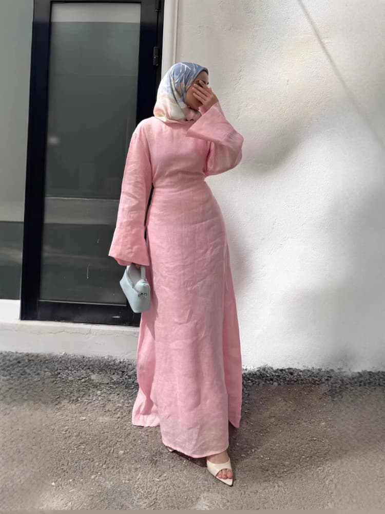Women' Dresses Elegant O-Neck Cotton Lined Back Lace Up  Flare Sleeve Waist Cinching Long Robes Female Summer Lady Dress