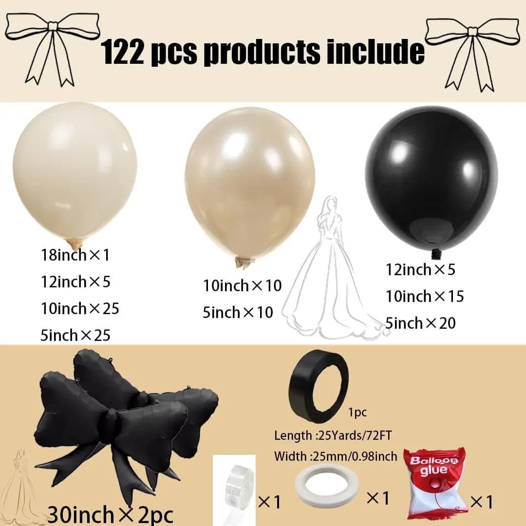 122pcs Black Bow Birthday Party Decorations With Pearl White Balloons for Girl Coquette Birthday Wedding Bridal Party Decoration