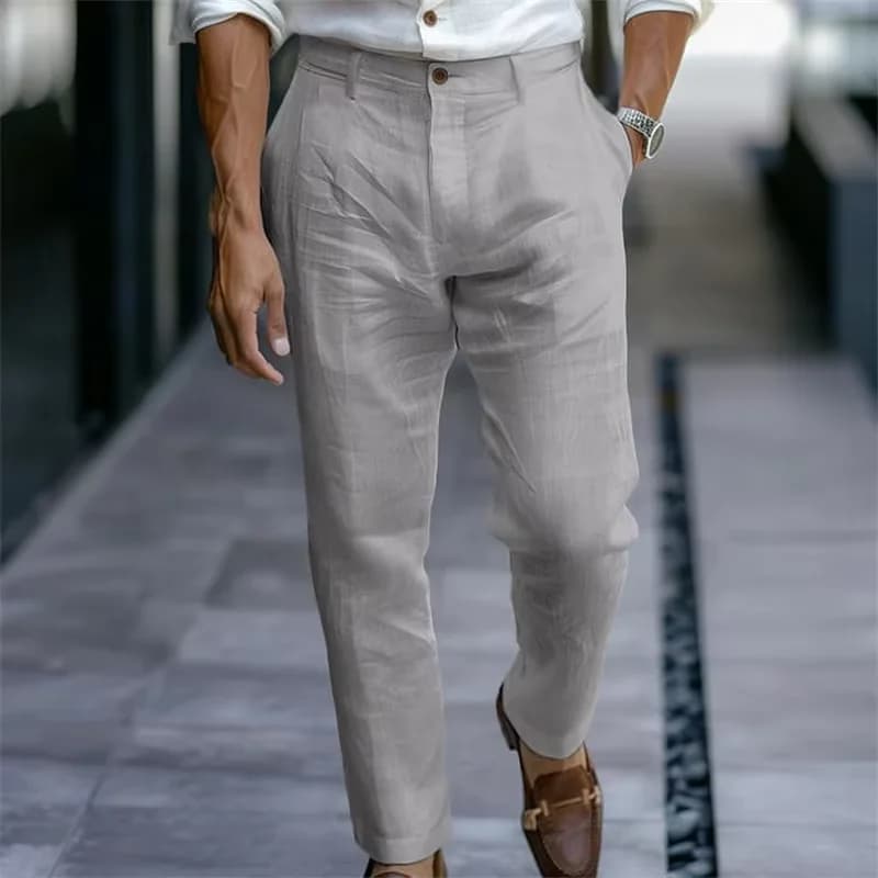 Men's Khaki Linen Blend High Waist Tapered Ankle Pants