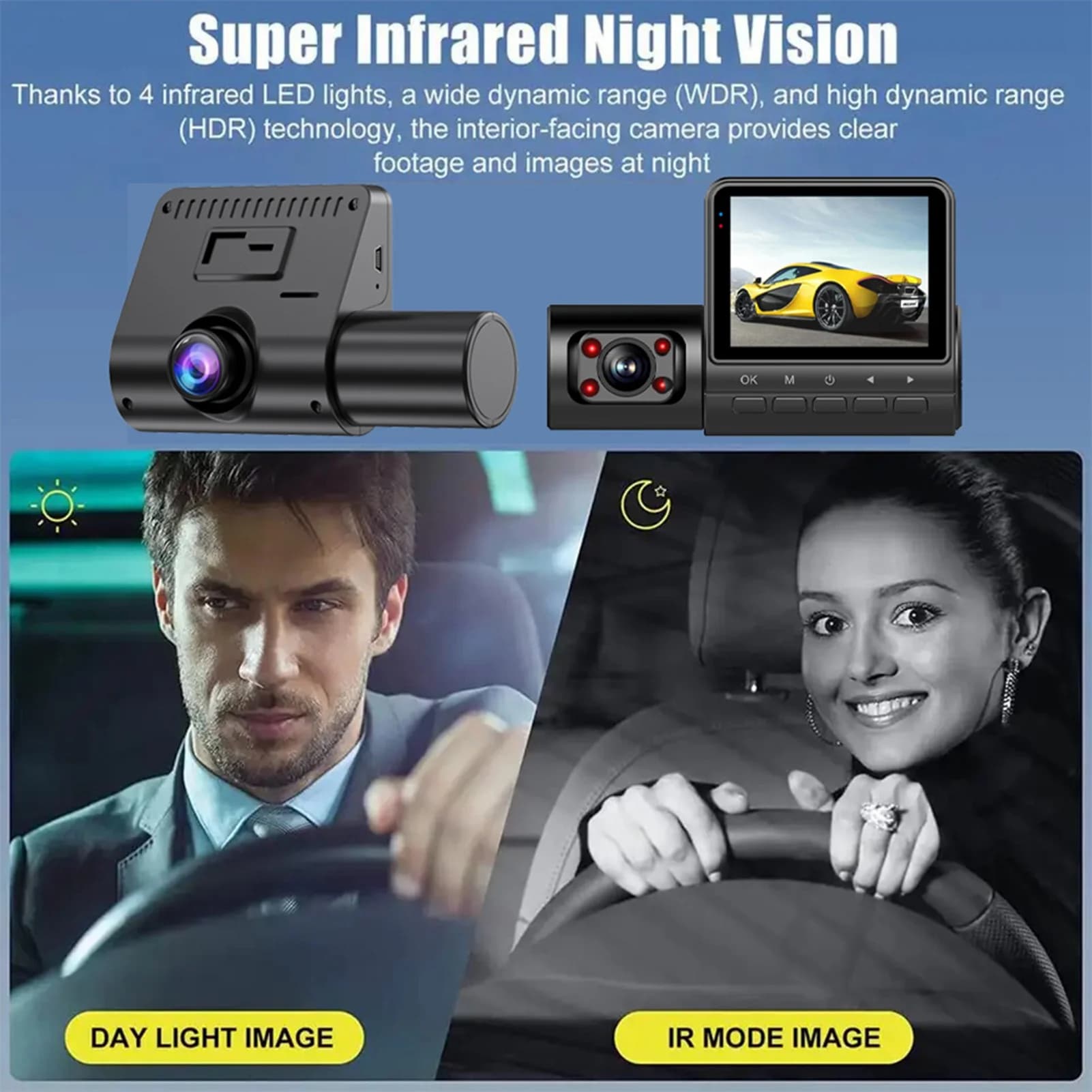 Dash Cam 1080P High Definition 2inch Display Screen 3 Channel Driving Recorder with Loop Recording Motion Detection Infrared