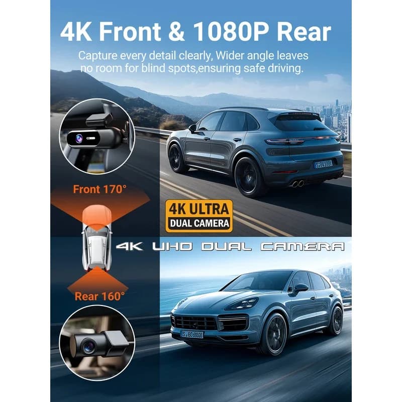 Dash Cam for cars 4K UHD Recording Front Rear Car Camera HDR Night Vision Recorder Built in Wi-Fi 24H Parking Mode APP Monitor