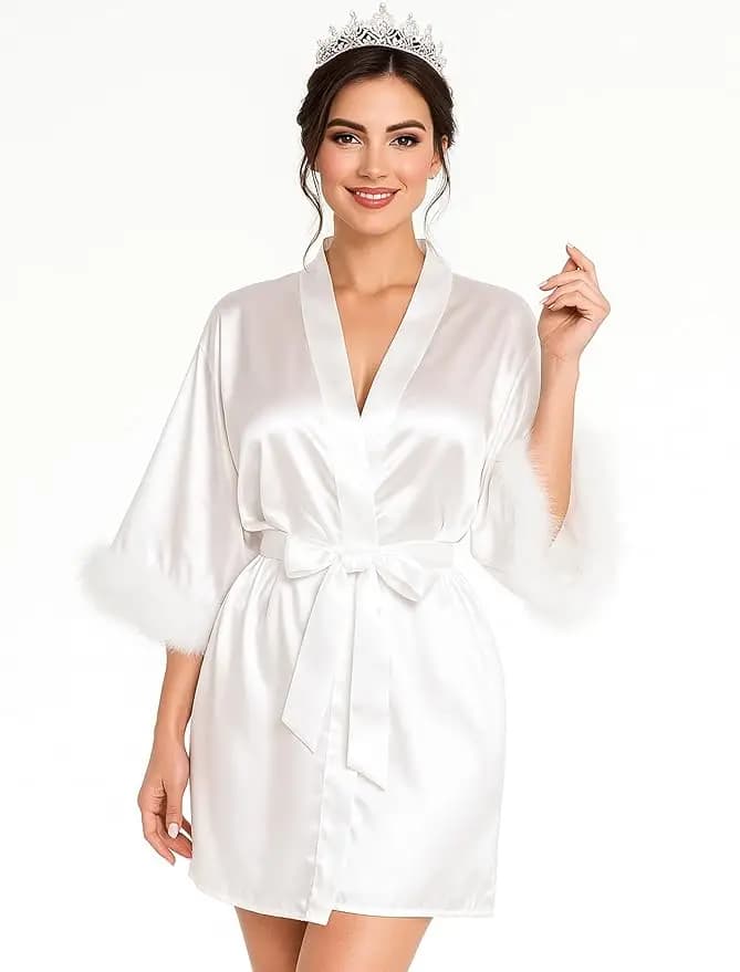 Bride Satin Kimono Robe with Feather Sleeves