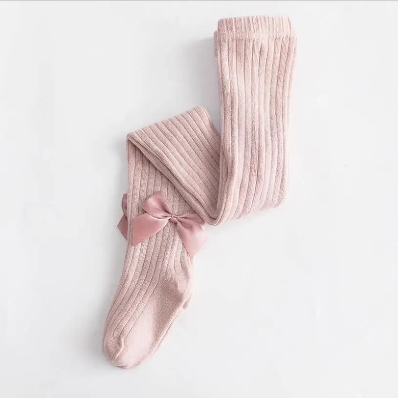 Kids Ribbed Tights With Floral Bow