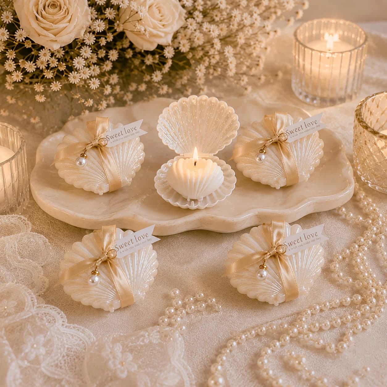 Luxury Shell Candle Wedding Favors Set of 6