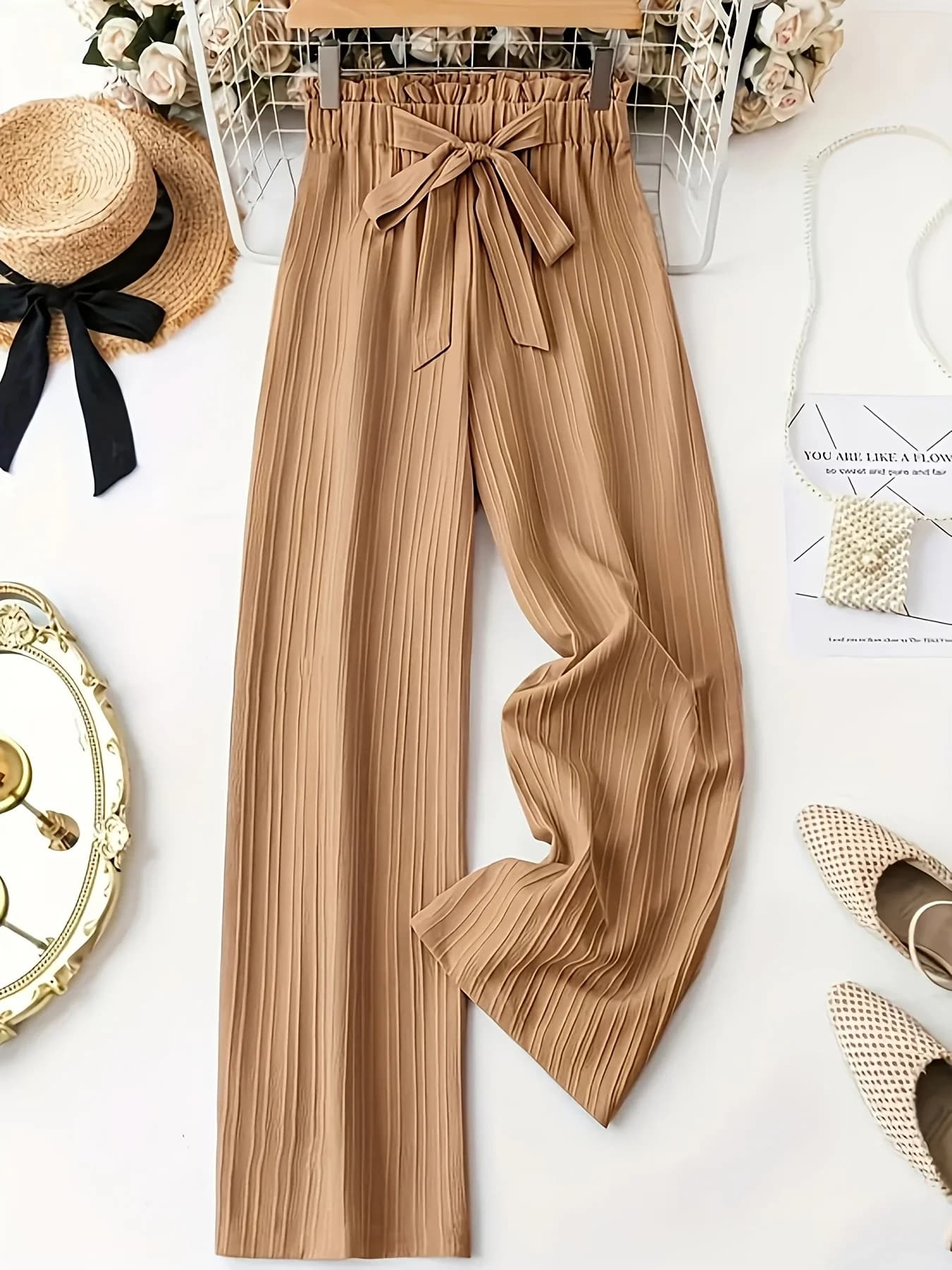 Women's High-Waisted Khaki Wide-Leg Pants