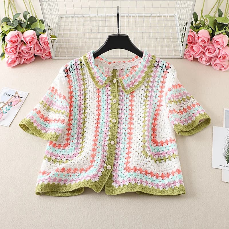 Short Sleeve Striped Crochet Collared Shirt