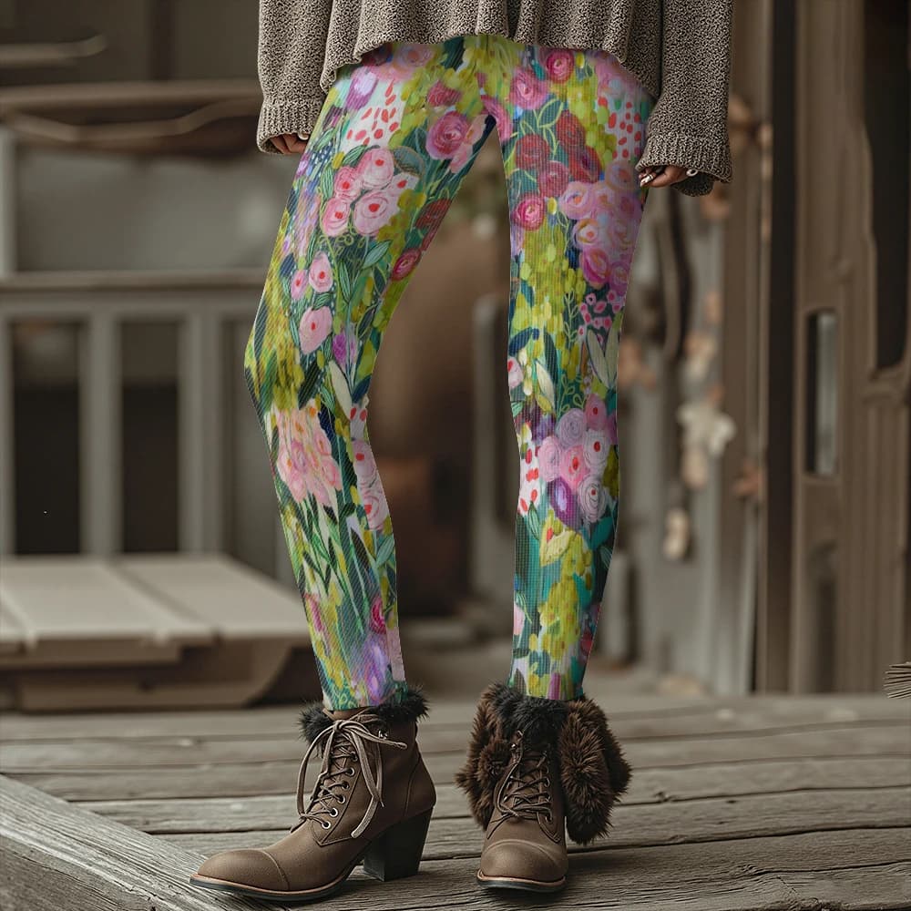 Colorful Blooming Flowers Pattern Women's Leggings Autumn Winter Warm Fashion Tights Stylish Outdoor Look Fashion Streetwear