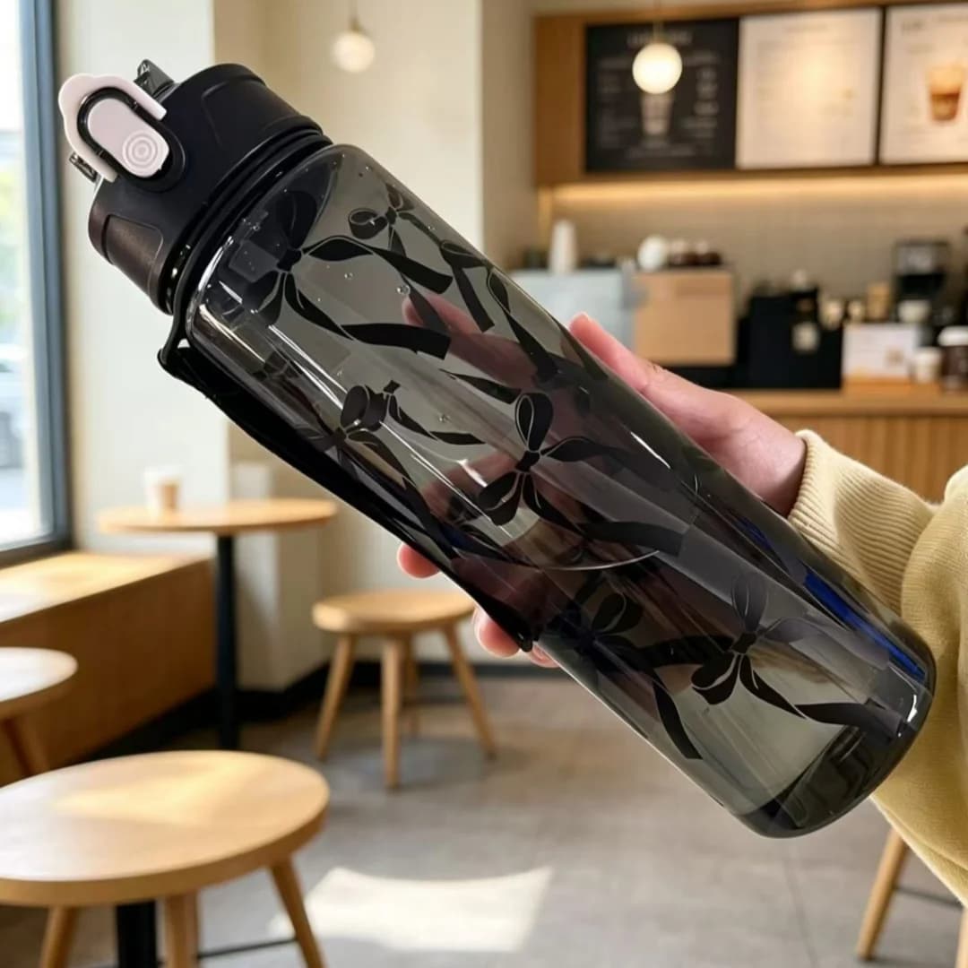 Water Bottle with Full Print of Flowers and Bowknot Patterns, Trendy & Stylish, Lightweight with Portable Lanyard, Durable