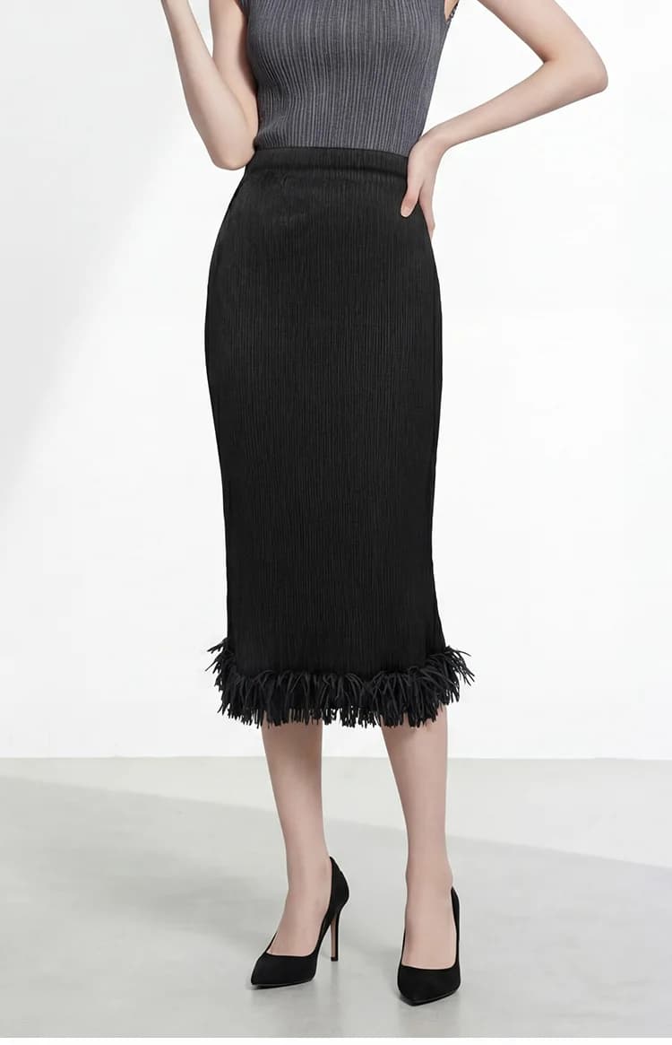 Black Pleated Pencil Skirt with Elastic Waist