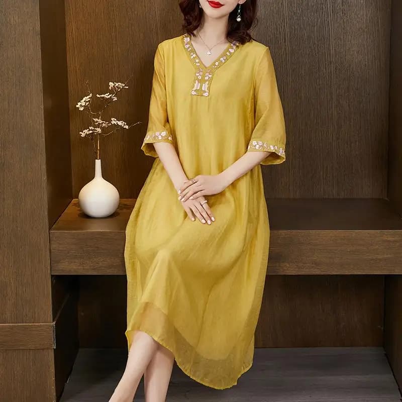 Embroidered Half Sleeve Midi Dress