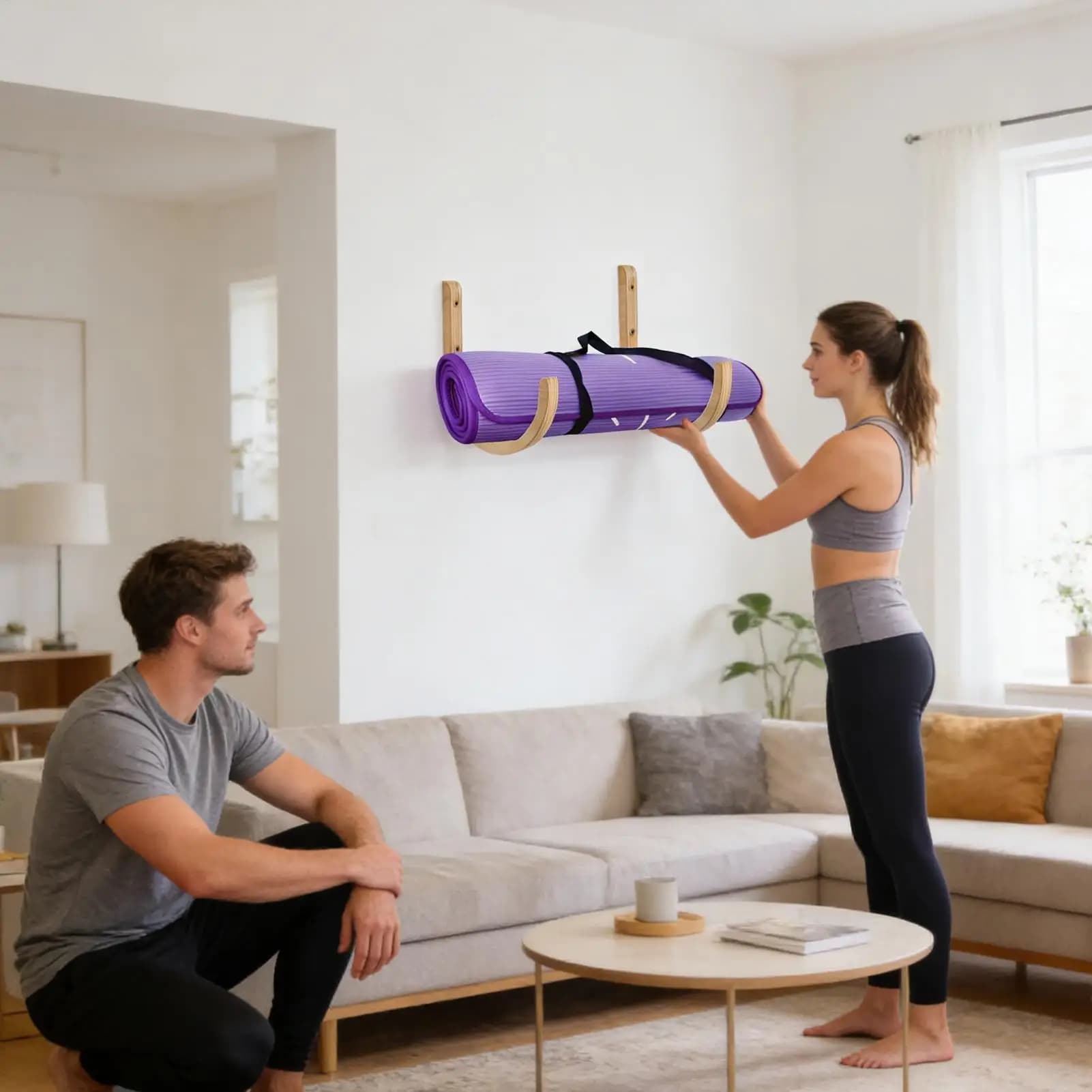 Wooden Yoga Mat Wall Organizer Rack
