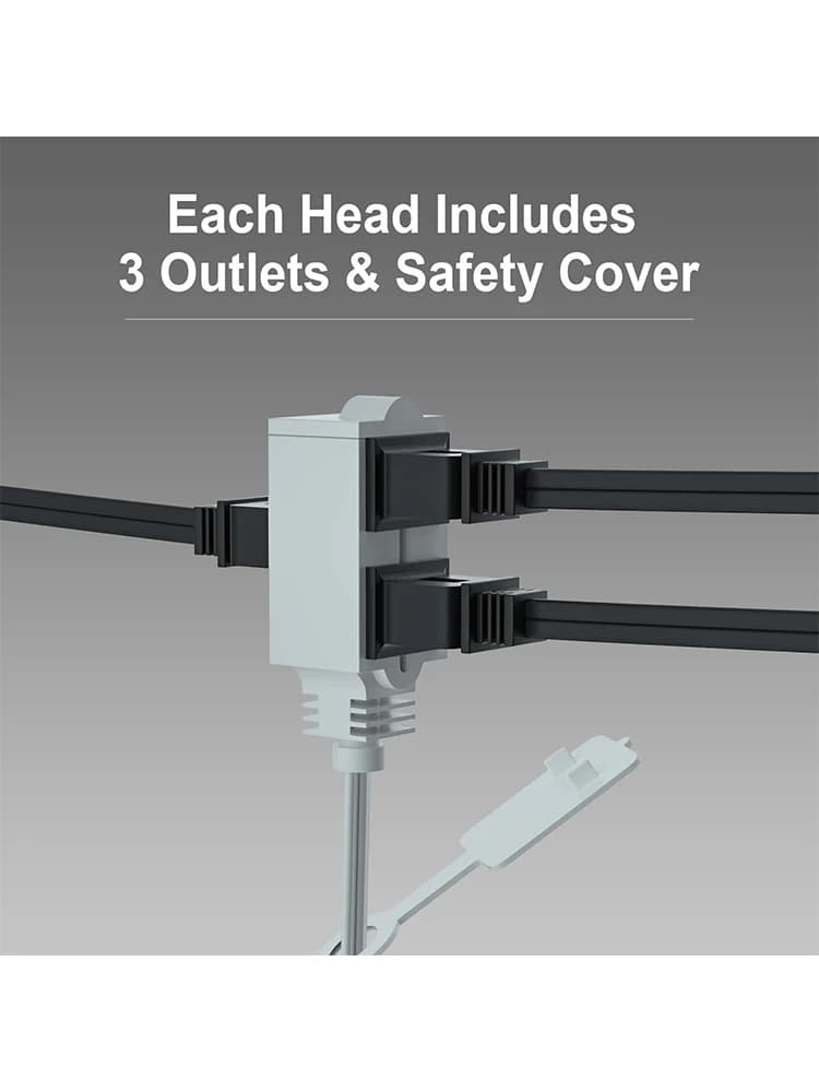 US Twin Extension Cord Power Strip - 12 Feet Cord - 6 feet on Each Side - Flat Head (Wall Hugger) Outlet Plug