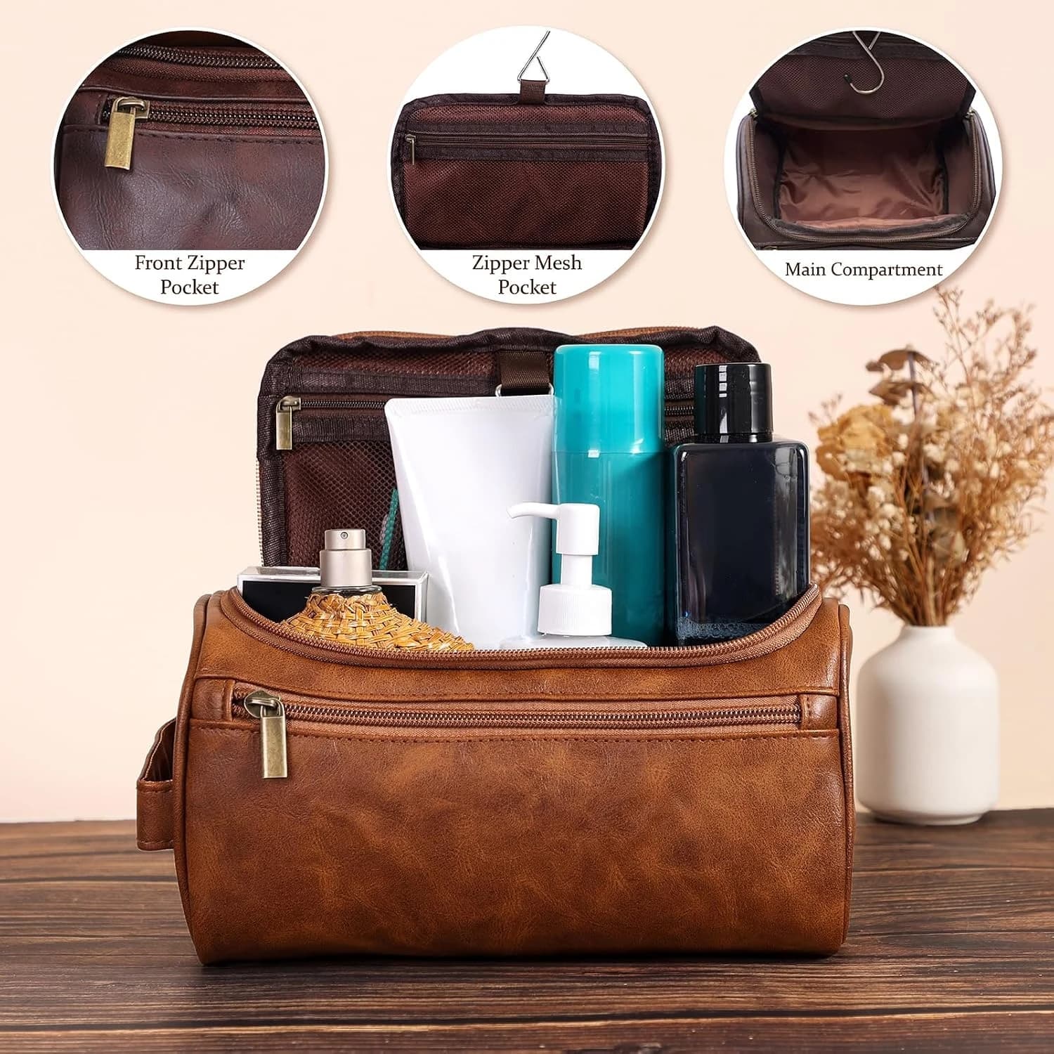 Toiletry Bag for Men, Hanging Travel Shaving Dopp Kit, Water-resistant Toiletries Organizer Bags, PU Leather Cosmetic Bags