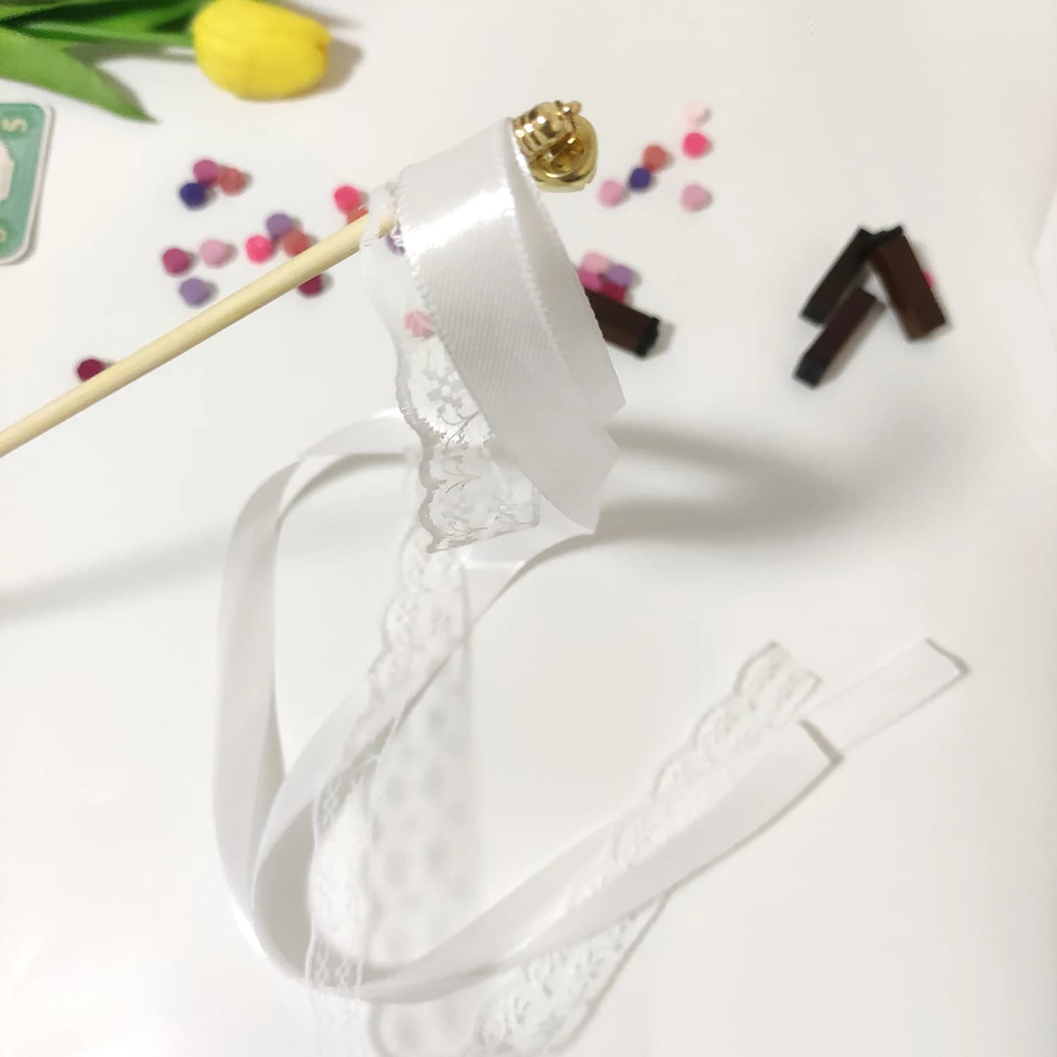 White Ribbon Wand with Lace and Bells