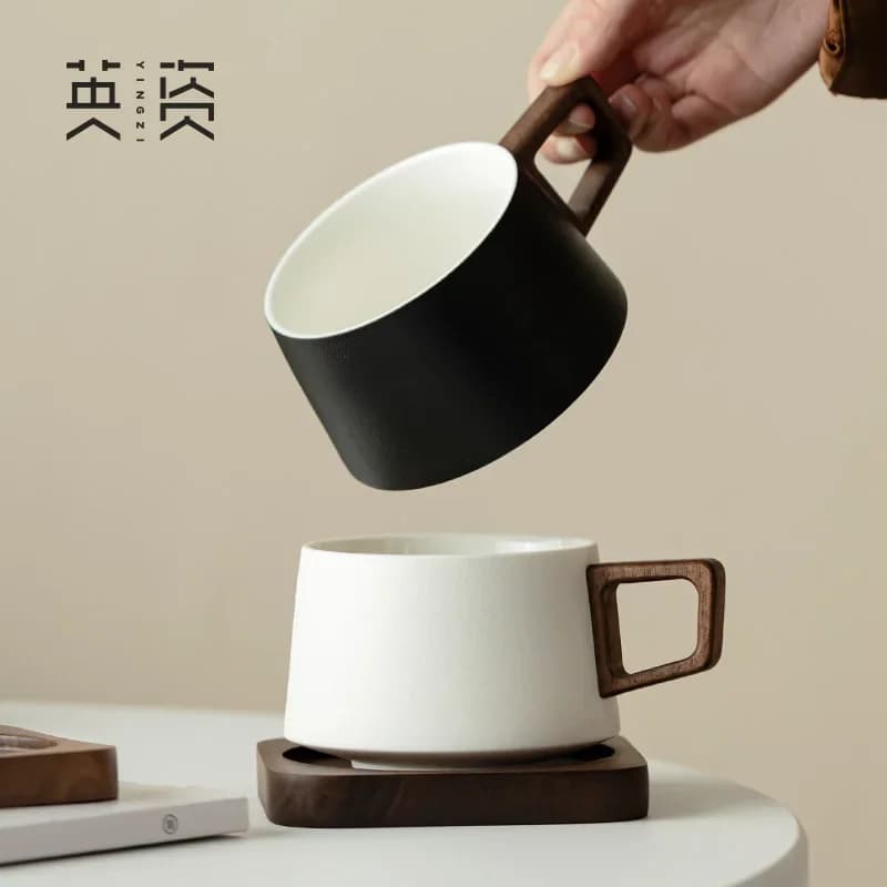 Ceramic Coffee Cup with Wood Coaster Set
