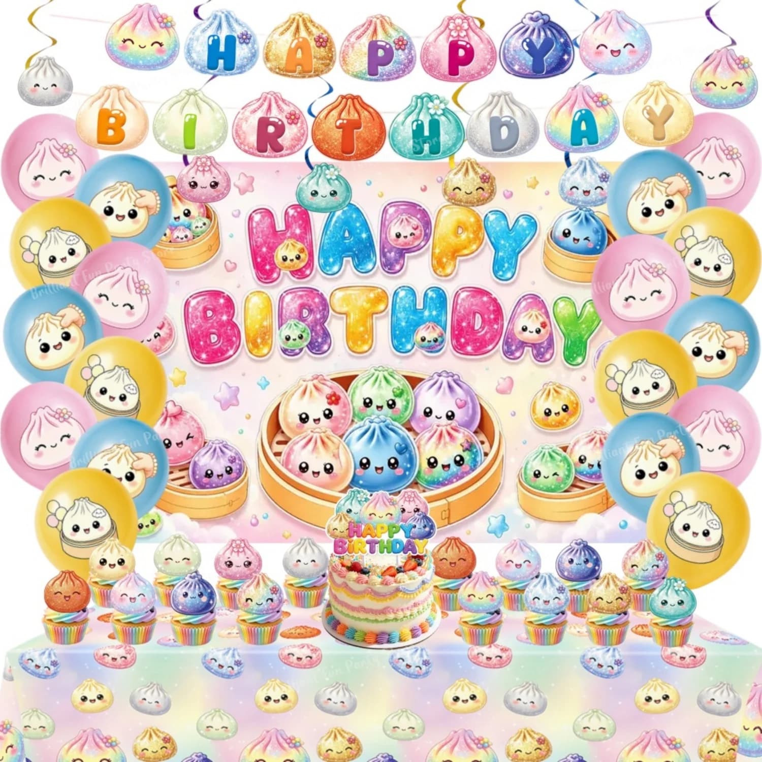 Squishy Birthday Party Decorations Kit Dumpling Banner Backdrop Cake Toppers Hanging Swirls Stress Relief Theme Party Supplies