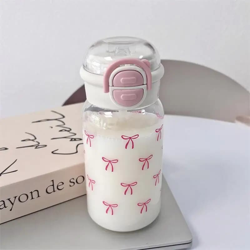 Cute Water Bottle with Straw Portable Plastic Pop-Up Cover Water Cup Kawaii Bottle Water Leak-Proof Drinking Bottle
