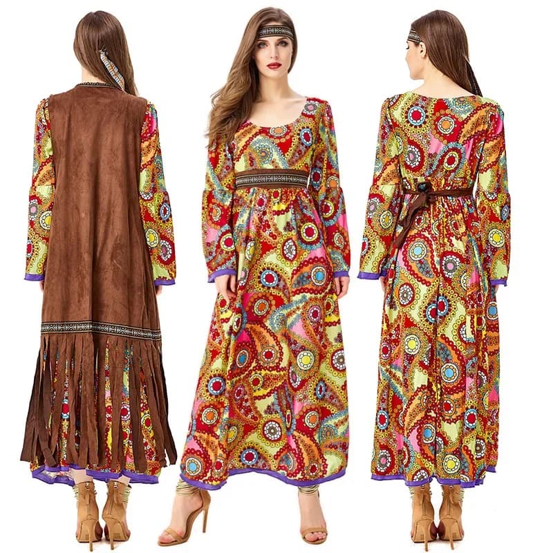 Halloween Costume 70s Outfits Adult Women Hippie Clothes Disco Dancing Dress Bohemian Rhapsody Free Unrestrained Romantic Pretty