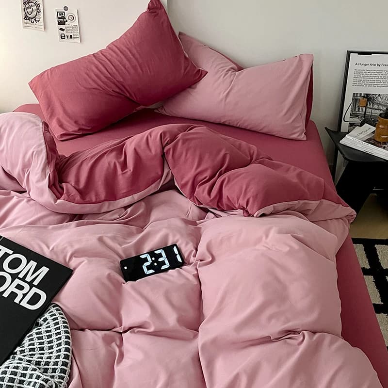 Japanese Bedding Set Solid Polyester AB Side Duvet Cover+Sheet +Pillowcase All Season Home Bed Linens Drop Shipping Full King