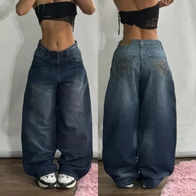 Women's High-Waist Straight-Leg Embroidered Denim