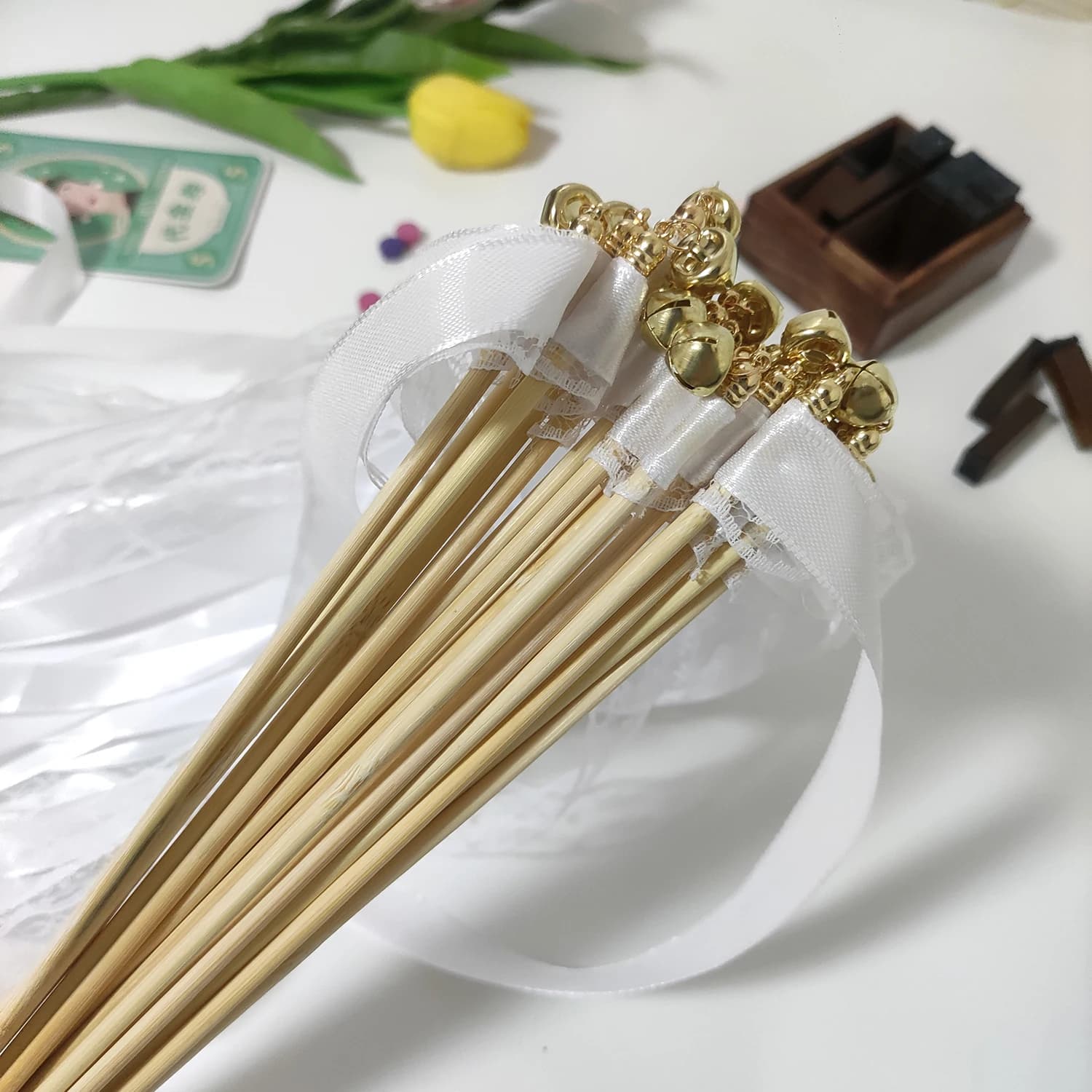 White Ribbon Wand with Lace and Bells