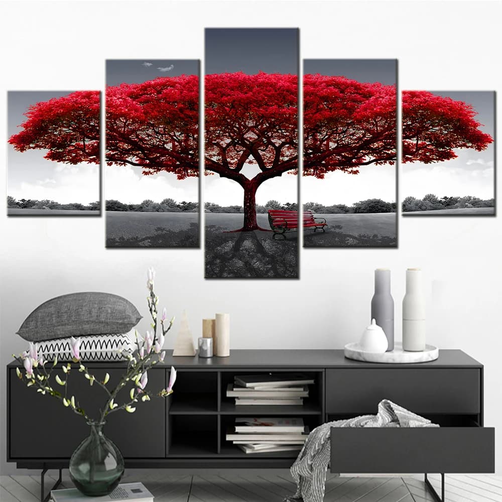 Abstract Red Tree Sunset Canvas Wall Art