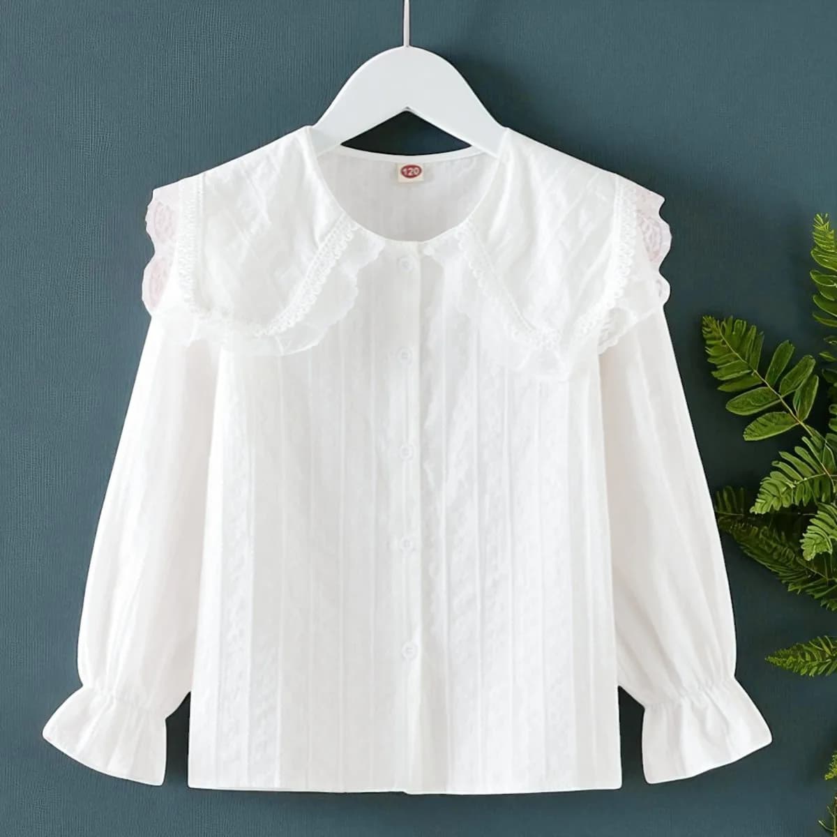 Girls White Cotton Lace Button-Up Blouse