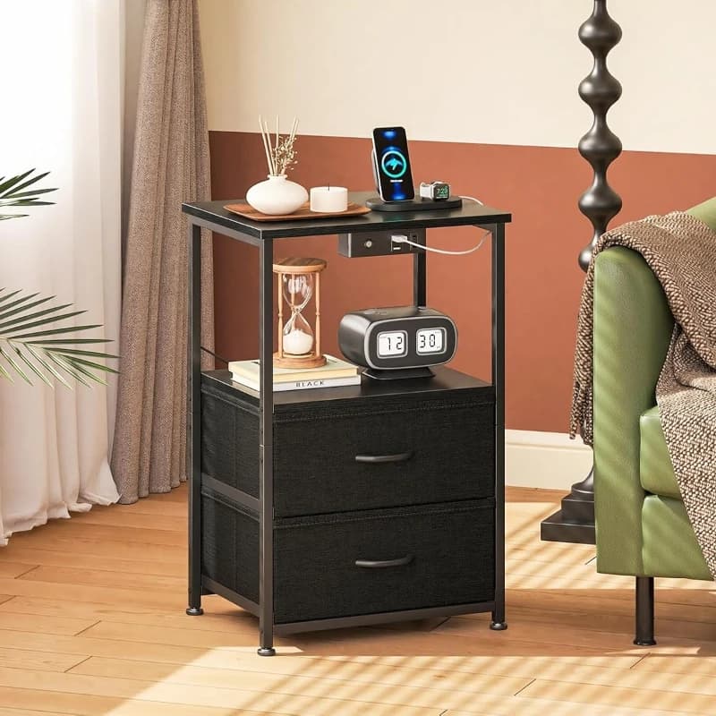 Night Stand with Charging Station and LED Lights End Table for Bedroom with 2 Fabric Drawers Storage Shelf Bedside Table Black