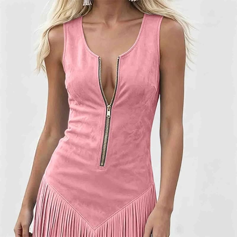 Women's Western  dress, vintage, fringed, zippered, sleeveless, figure-hugging  dress.