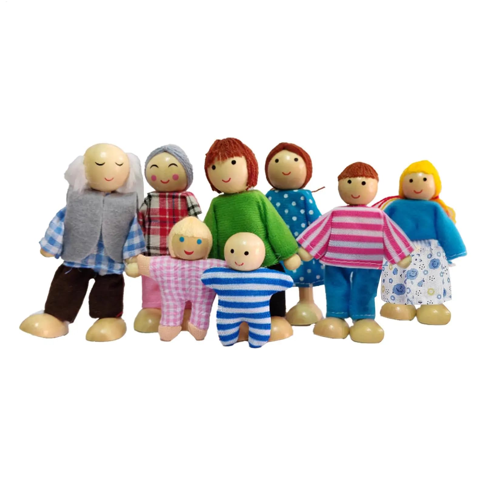 Wooden Doll House Family Figures, 8-Piece Set