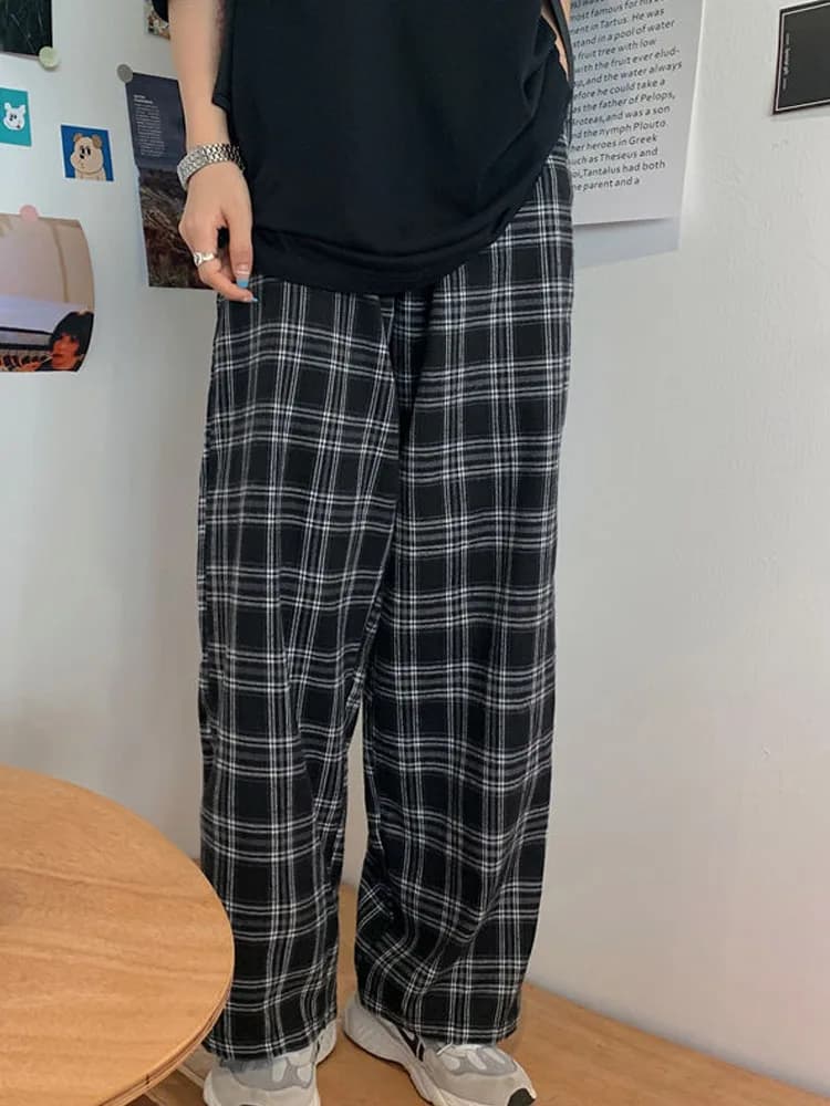 Black Plaid Wide-Leg Casual Pants