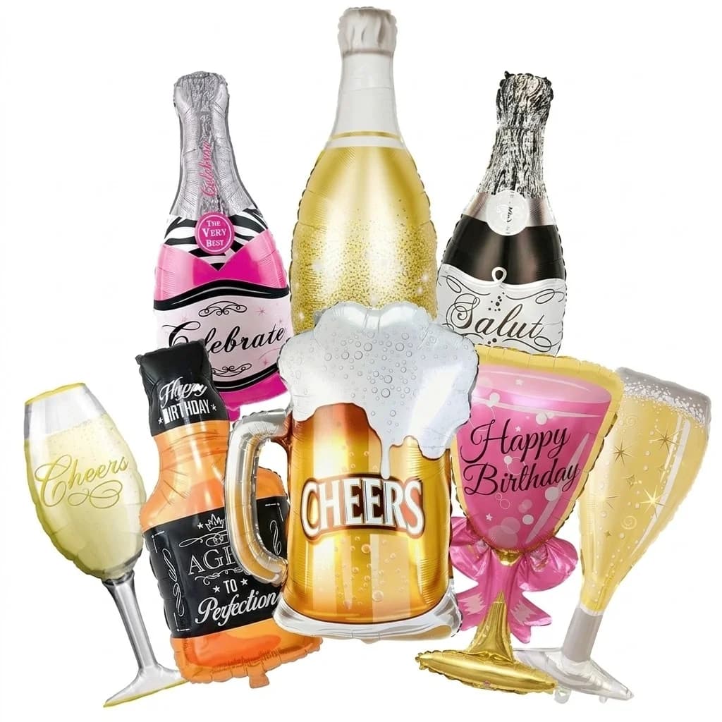 Adult Birthday Party Decor Large Champagne Foil Balloons Beer Mug Helium Globos for Men Women Black Gold Happy Birthday Banner