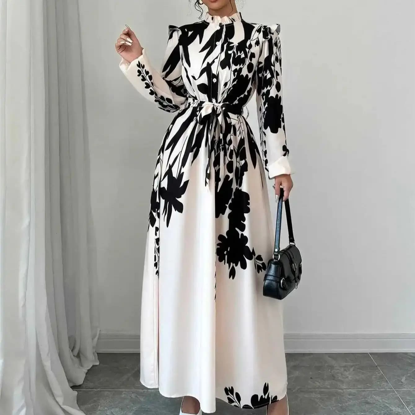 Black and White Floral Long Sleeve Ruffled A-Line Dress